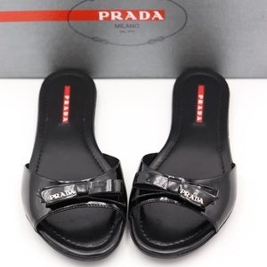 Prada Black Patent Leather Bow Logo Slides Sandals